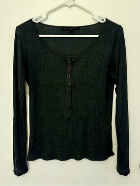 White House Black Market Dark Gray  Ribbed Long-Sleeve Henley Top